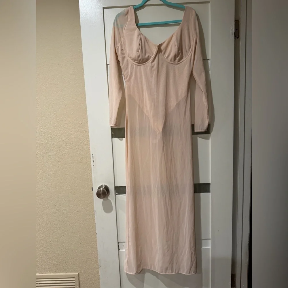 House of CB Pale Pink Sheer Long Sleeve Maxi Dress